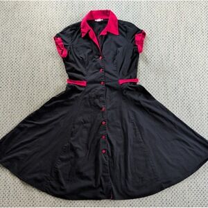 Pin-up HEARTBREAKER Rockabilly Dress Black & Red Button-Up w/ Tie Straps GUC